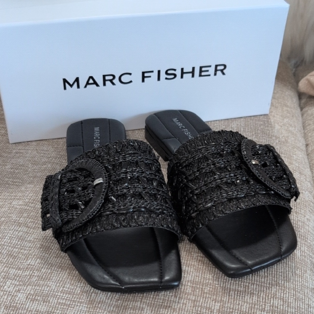 Marc Fisher Black Woven Slide Sandals Brand New